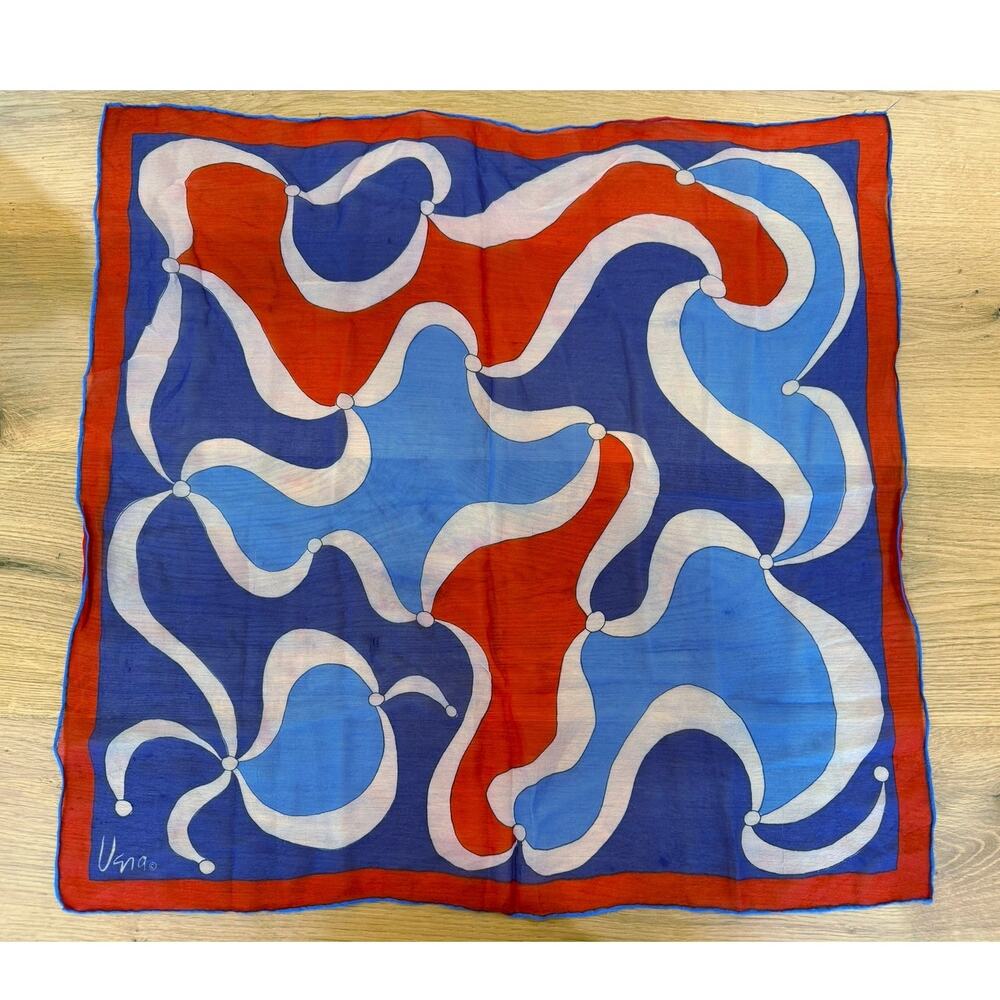 Vintage Vera Neumann Signed Silk Chiffon Scarf Psychedelic Swirl Red Blue White⁠